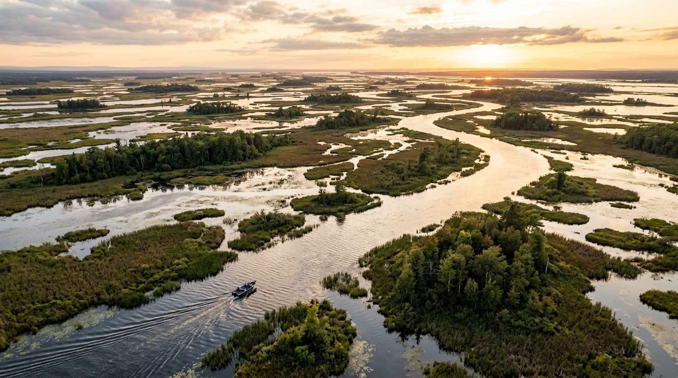Vue aérienne du lac Saint-Pierre à l'heure dorée