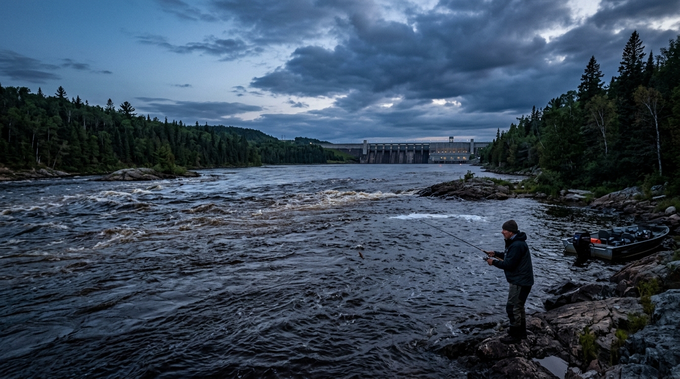 La rivière des Outaouais sous le barrage de Carillon au crépuscule